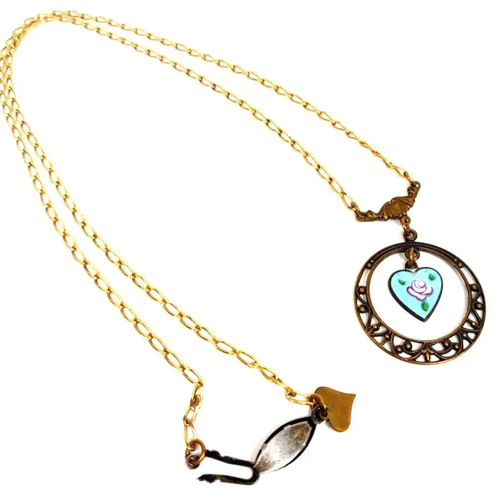 Vintage Glass Works Studio Heart Necklace Ceramic Blue Green Brass Metal 24”
